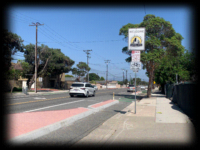 Section of Hazard Avenue in Santa Ana, with class I bikeways