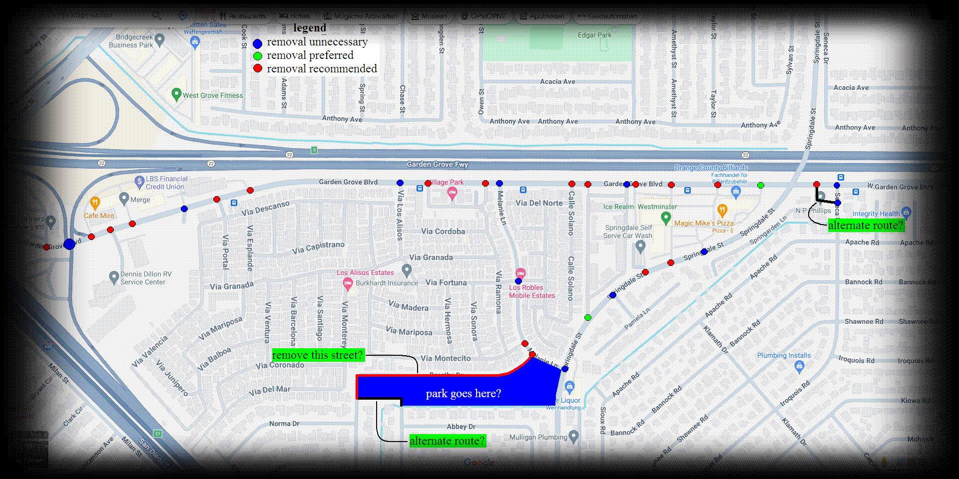 Map of intersections and conflict points on Garden Grove Boulevard